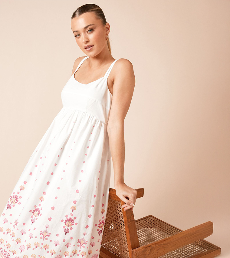 Printed Strappy Scoop Neck Poplin Maxi Dress