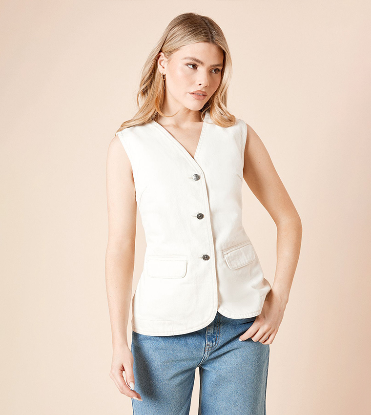 Buy Dorothy Perkins Button Detail Denim Waistcoat In White