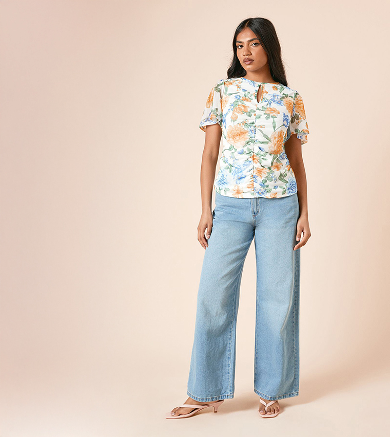 Petite Floral Print Keyhole Ruched Front Mesh Top