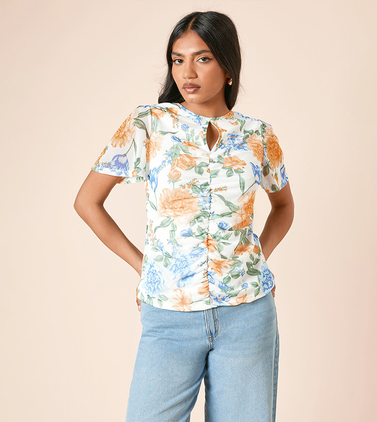 Petite Floral Print Keyhole Ruched Front Mesh Top