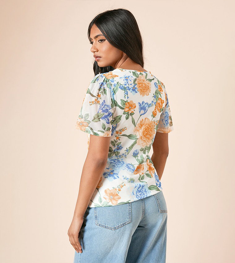 Petite Floral Print Keyhole Ruched Front Mesh Top
