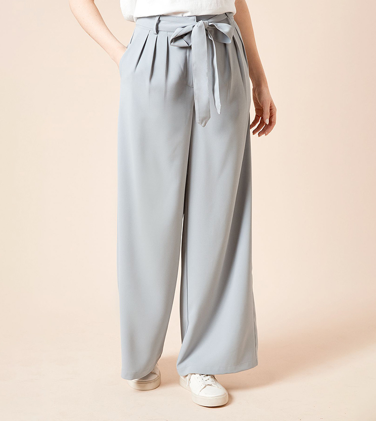 Pleated Belted Wide Leg Trousers