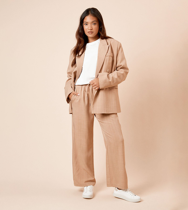Petite Elastic Waist Striped Wide Leg Trousers