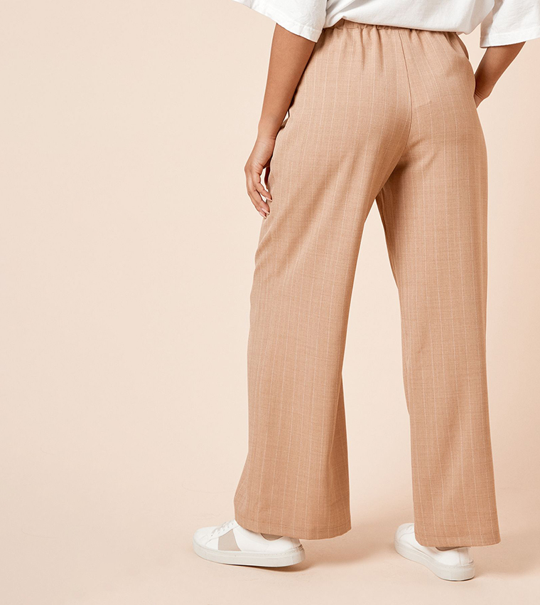 Petite Elastic Waist Striped Wide Leg Trousers