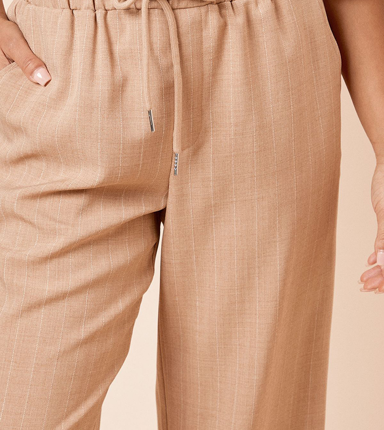Petite Elastic Waist Striped Wide Leg Trousers