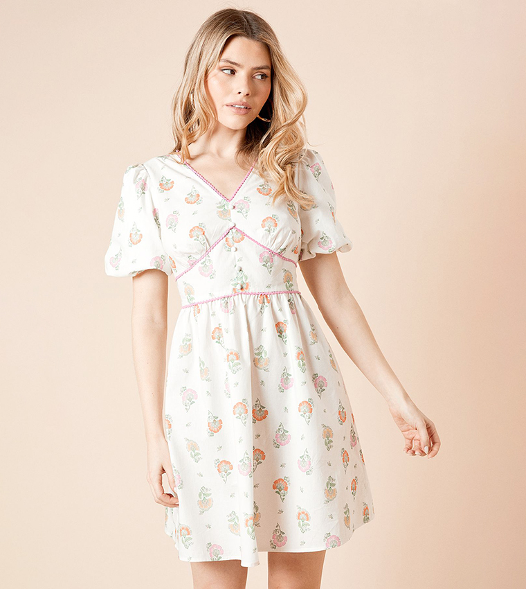 Trim Detail Puff Sleeves Mini Dress