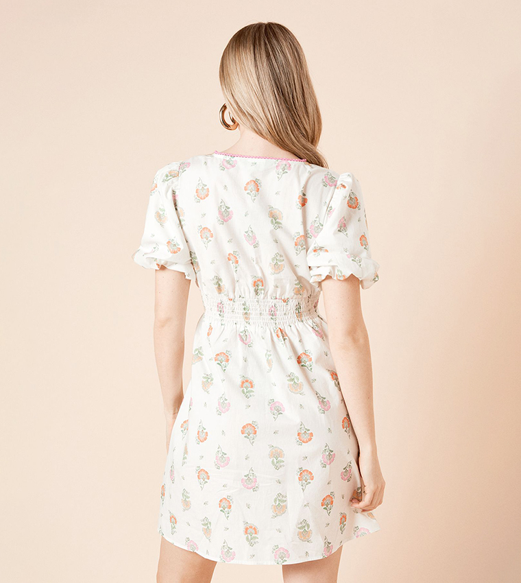 Trim Detail Puff Sleeves Mini Dress