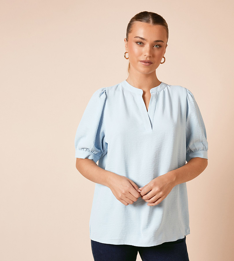 Solid Puff Sleeves Overhead Shirt