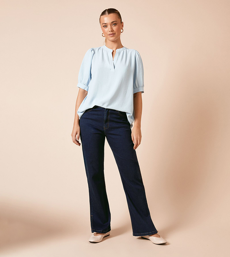 Solid Puff Sleeves Overhead Shirt