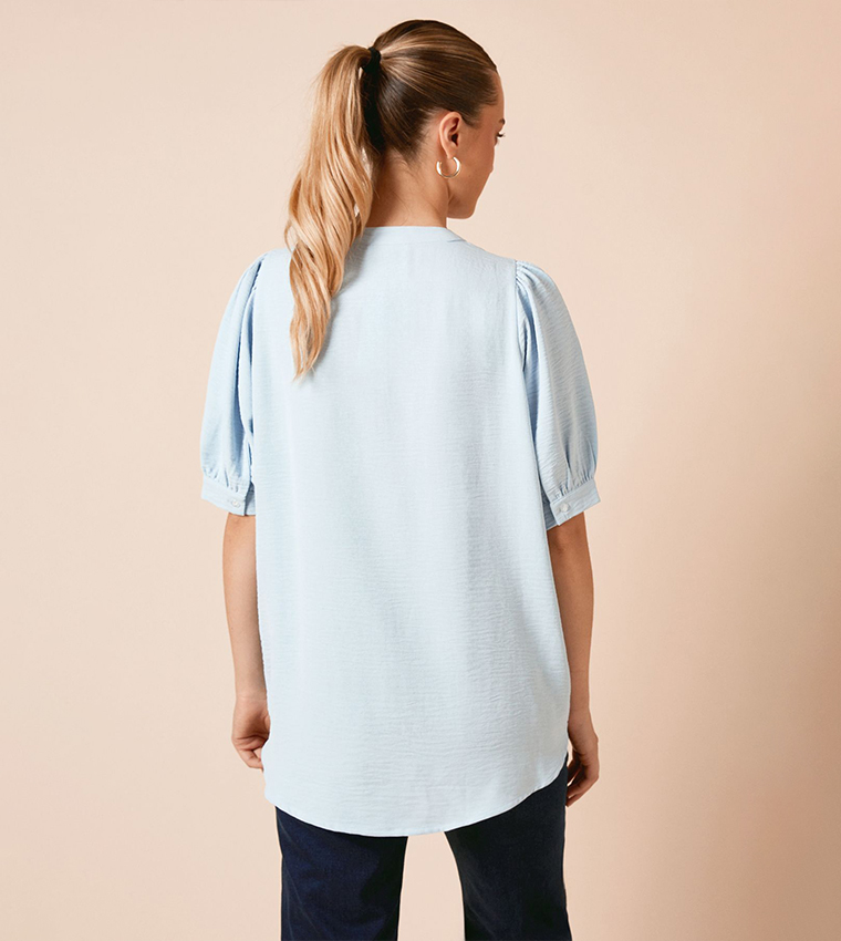 Solid Puff Sleeves Overhead Shirt