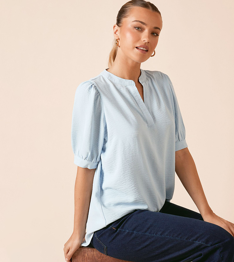 Solid Puff Sleeves Overhead Shirt