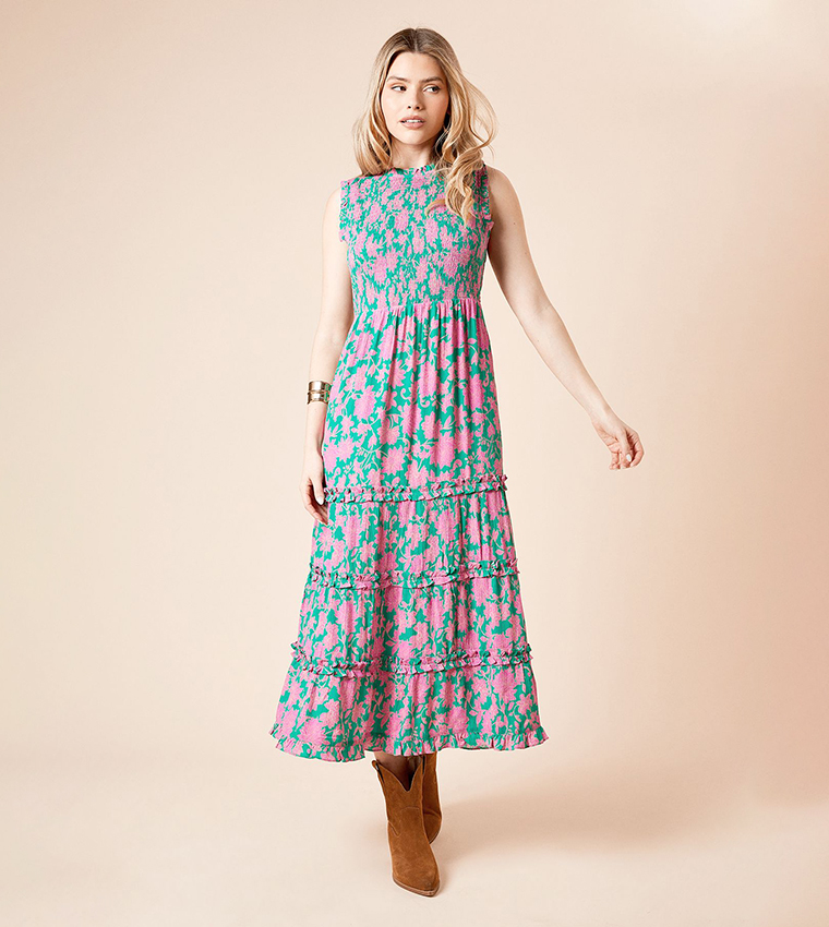 Floral Printed Frill Detail Shirred Tiered Midi Dress
