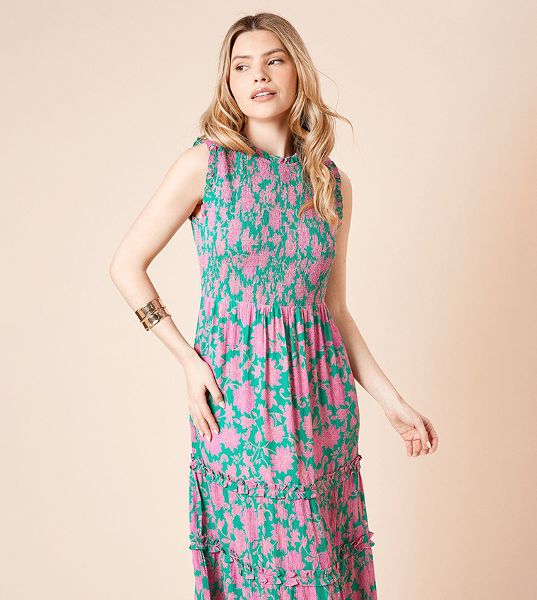 Floral Printed Frill Detail Shirred Tiered Midi Dress