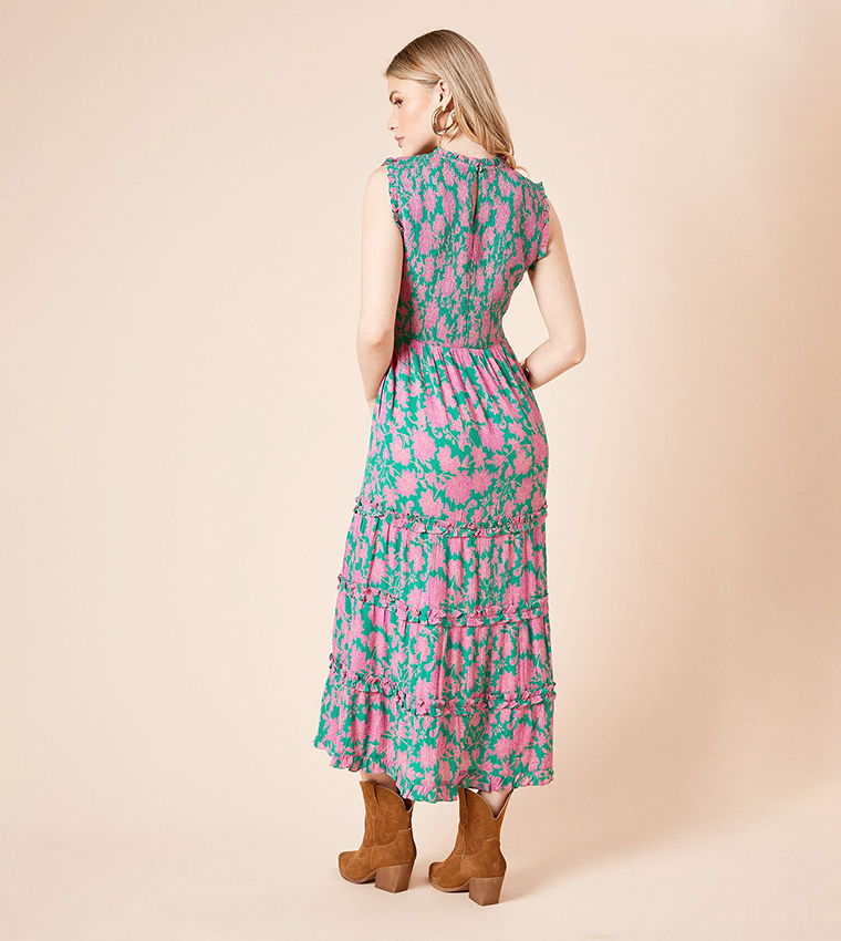 Floral Printed Frill Detail Shirred Tiered Midi Dress
