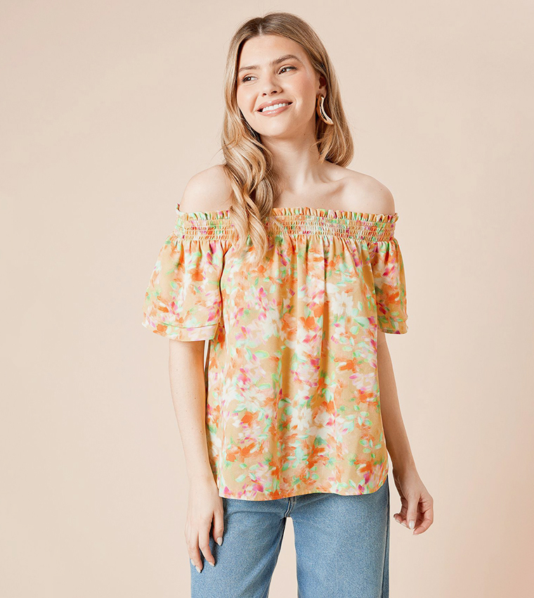 Floral Bardot Flared Sleeves Top