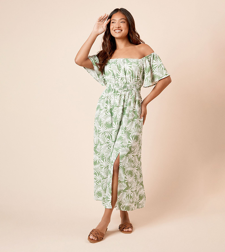 Petite Palm Bardot Flared Midi Dress