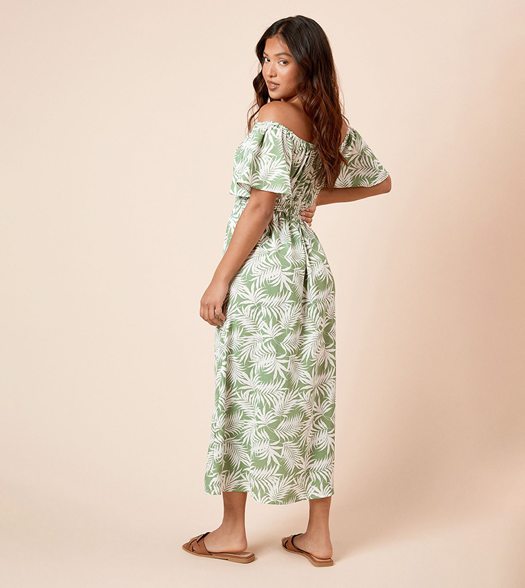 Petite Palm Bardot Flared Midi Dress