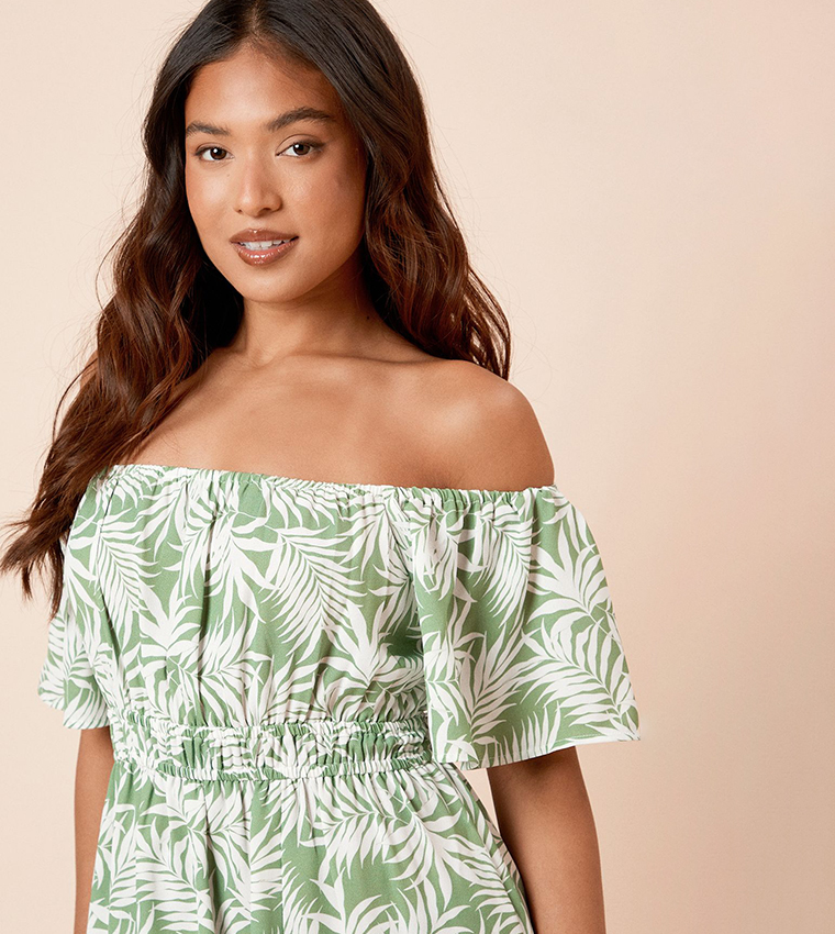 Petite Palm Bardot Flared Midi Dress