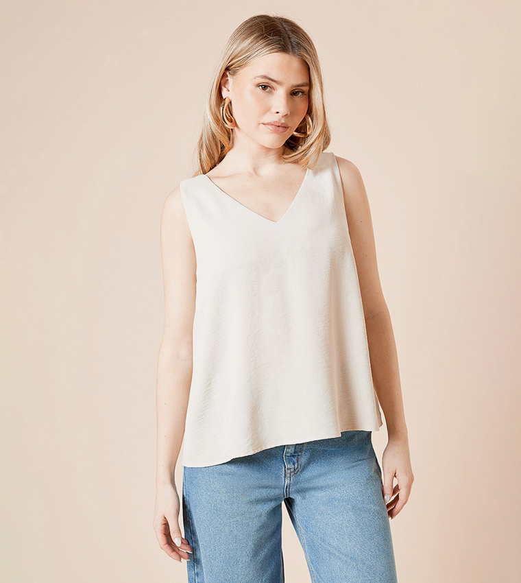 Solid V-Neck Sleeveless Top