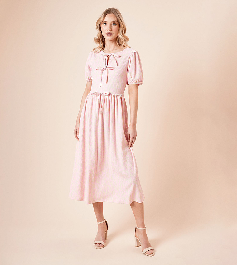 Animal Bow Tie Front Puff Sleeves Midi Dress
