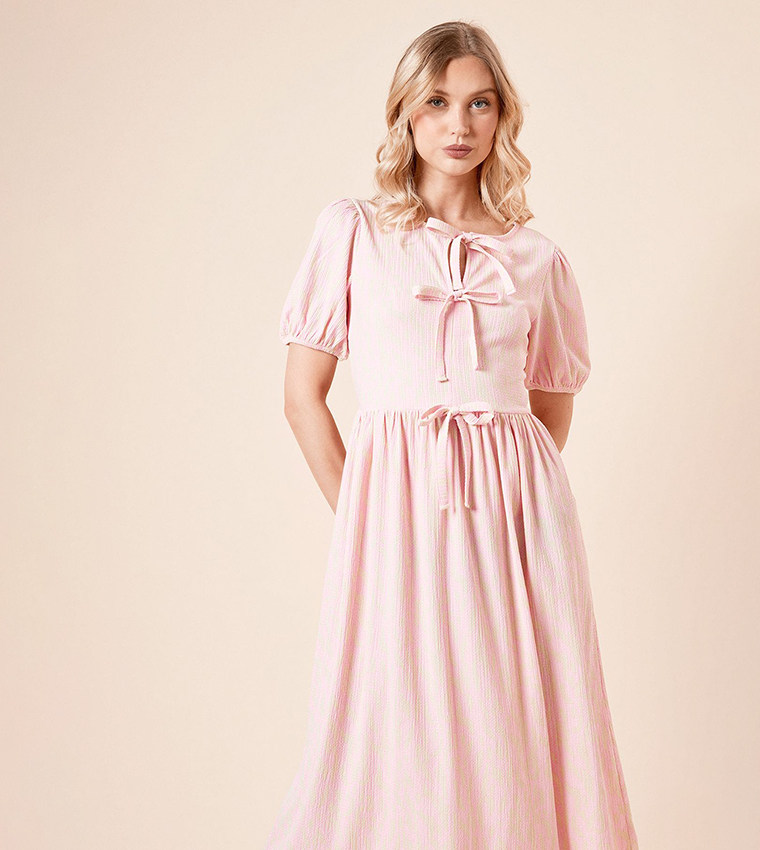 Animal Bow Tie Front Puff Sleeves Midi Dress