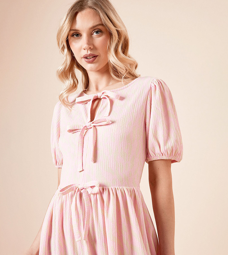 Animal Bow Tie Front Puff Sleeves Midi Dress