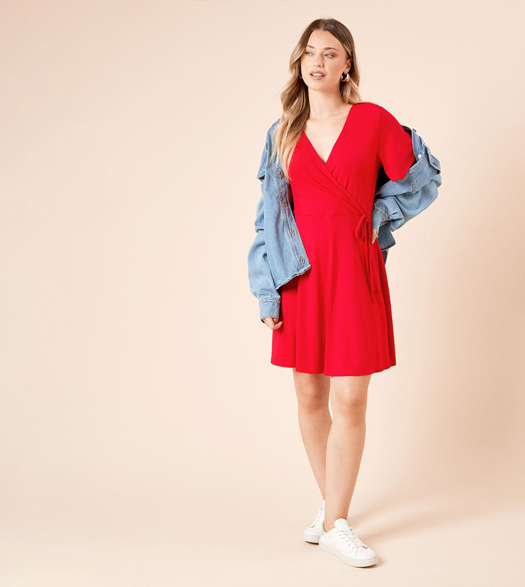 Wrap Front Flared Sleeves Mini Dress