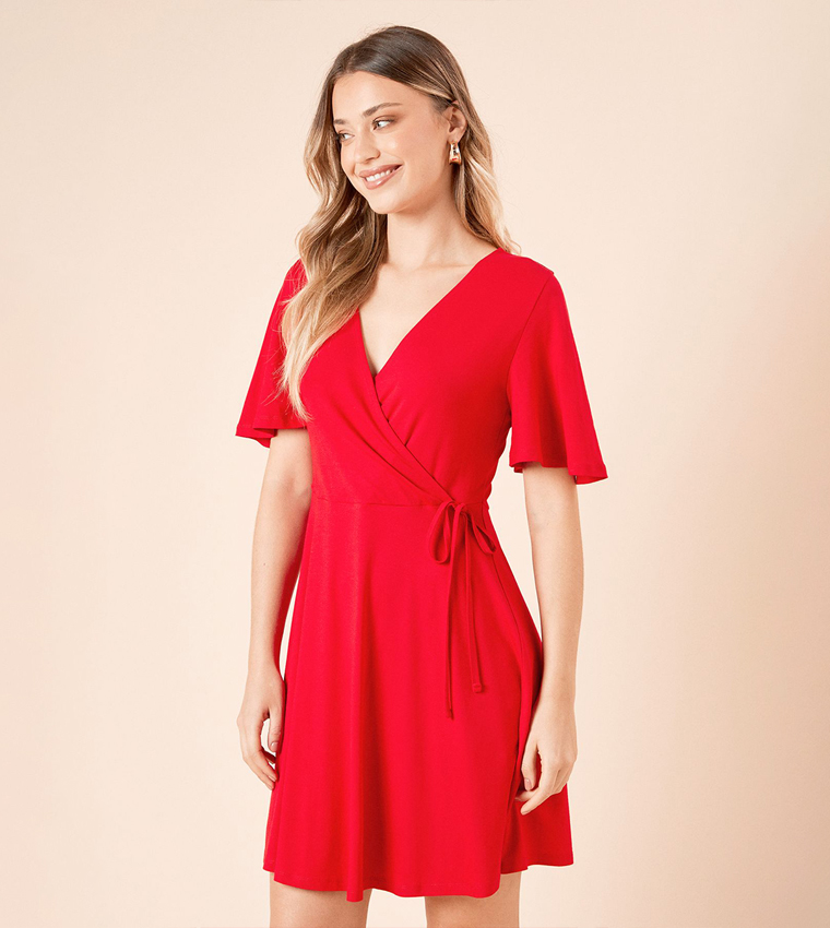 Wrap Front Flared Sleeves Mini Dress