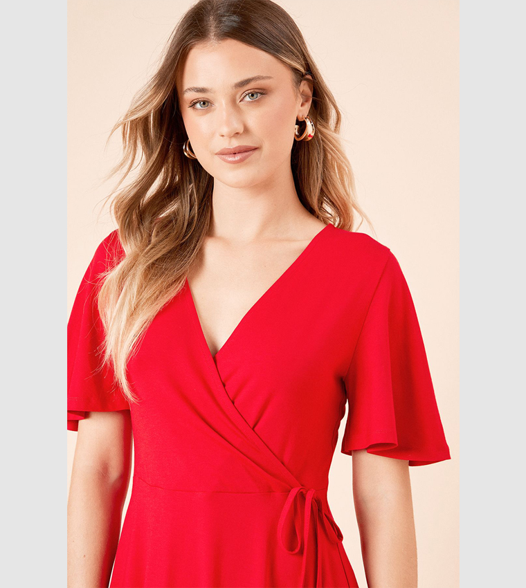 Wrap Front Flared Sleeves Mini Dress