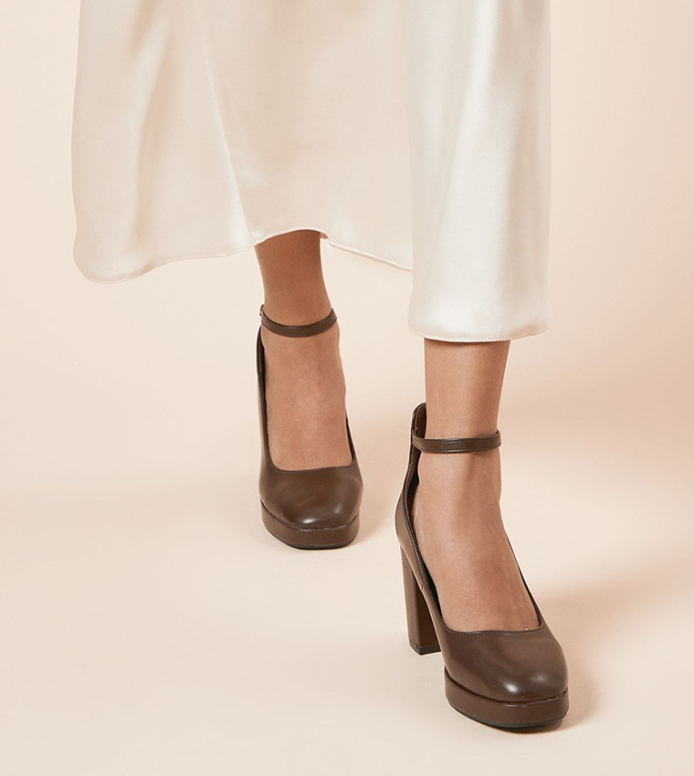 Vanessa Faux Patent Leather Ankle Strap Block Heel Pumps