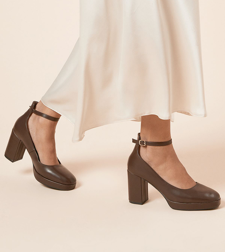 Vanessa Faux Patent Leather Ankle Strap Block Heel Pumps