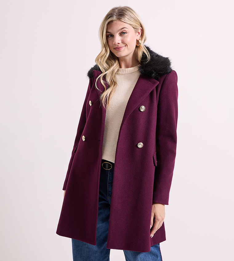 Buy Dorothy Perkins Faux Fur Collar Long Sleeves Dolly Coat In Red