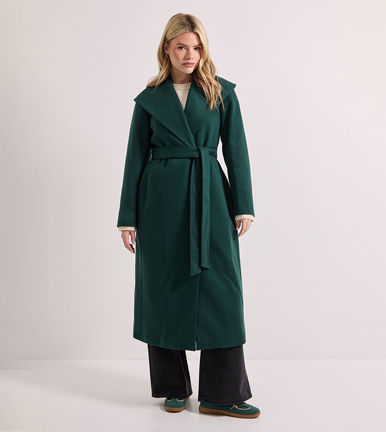 Buy Dorothy Perkins Long Sleeves Shawl Belted Coat In Green