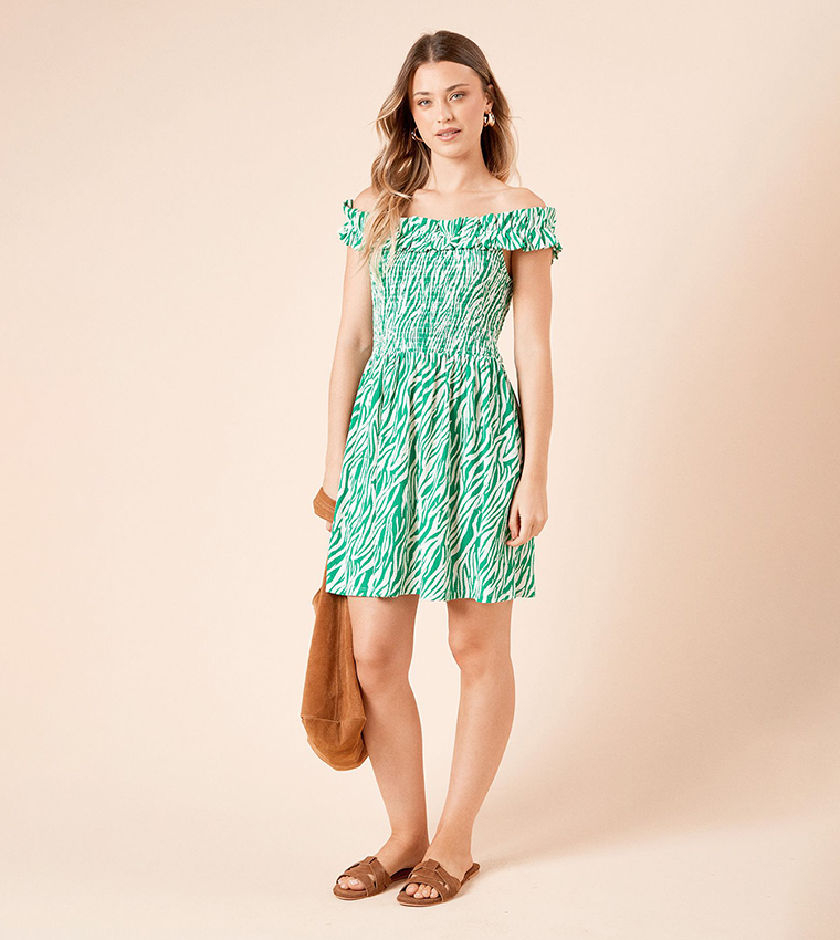Zebra Print Shirred Bodice Bardot Mini Dress