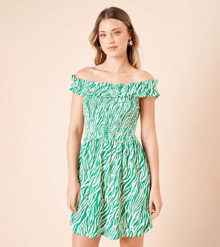 Zebra Print Shirred Bodice Bardot Mini Dress
