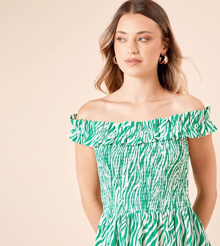 Zebra Print Shirred Bodice Bardot Mini Dress