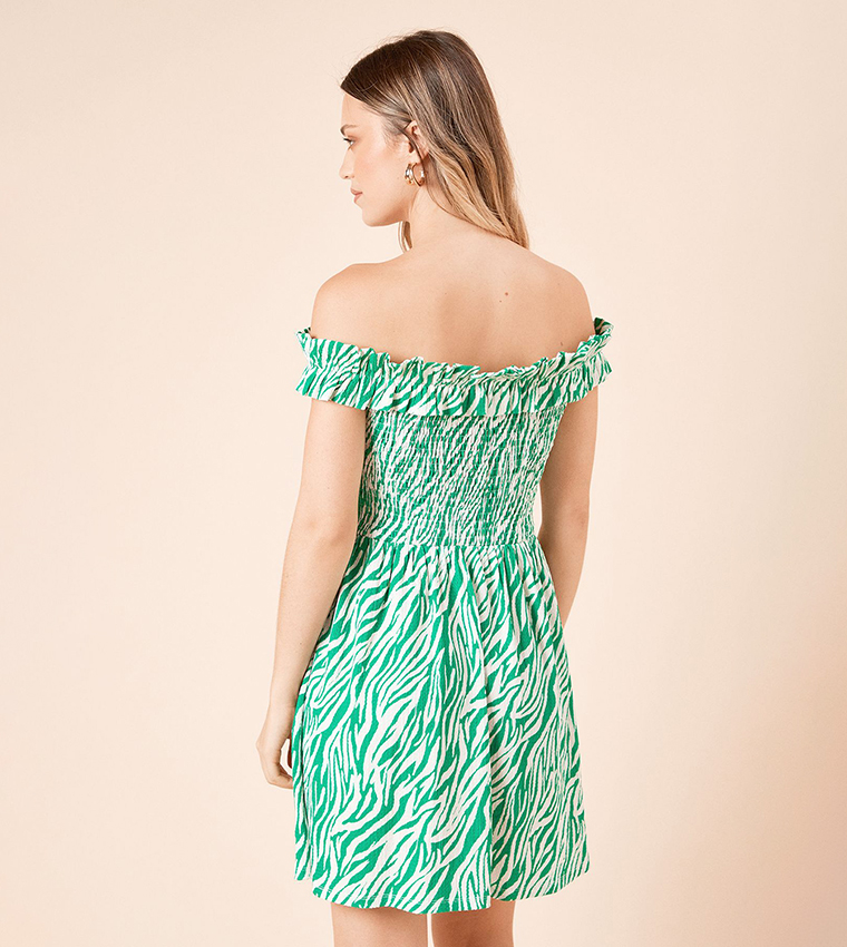 Zebra Print Shirred Bodice Bardot Mini Dress