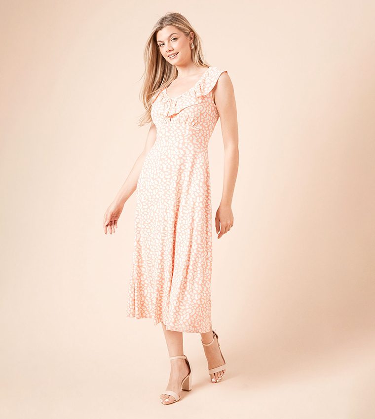 فستان ميدي إمباير بياقة مكشكشة بطبعة    