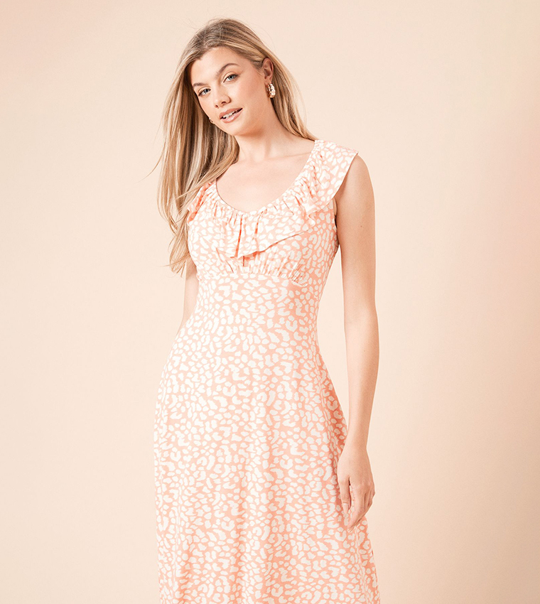 فستان ميدي إمباير بياقة مكشكشة بطبعة    