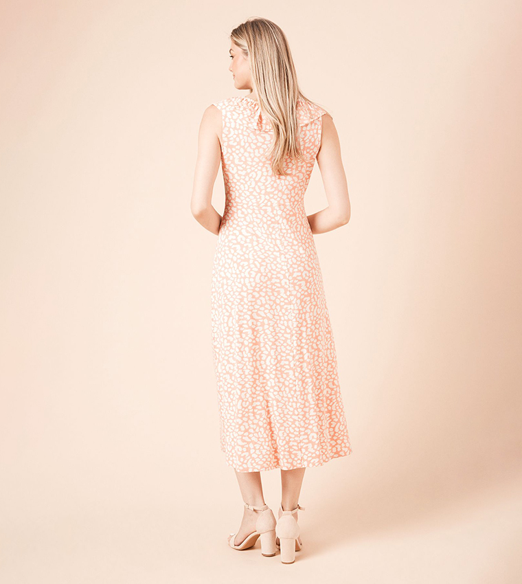 فستان ميدي إمباير بياقة مكشكشة بطبعة    