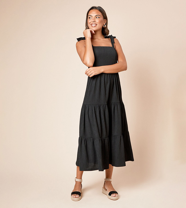 Tie Shoulder Tiered Midaxi Dress