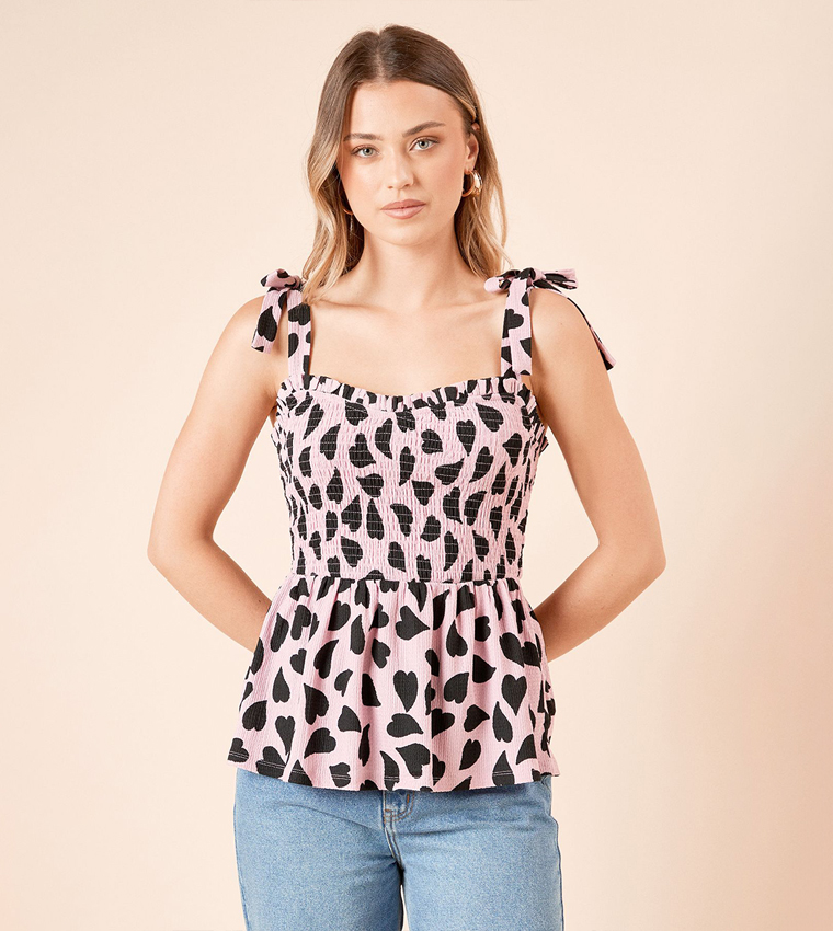 Heart Print Tie Shoulder Shirred Bodice Peplum Top