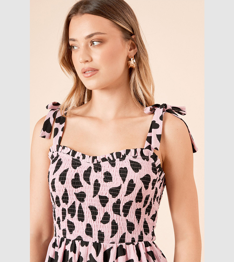 Heart Print Tie Shoulder Shirred Bodice Peplum Top