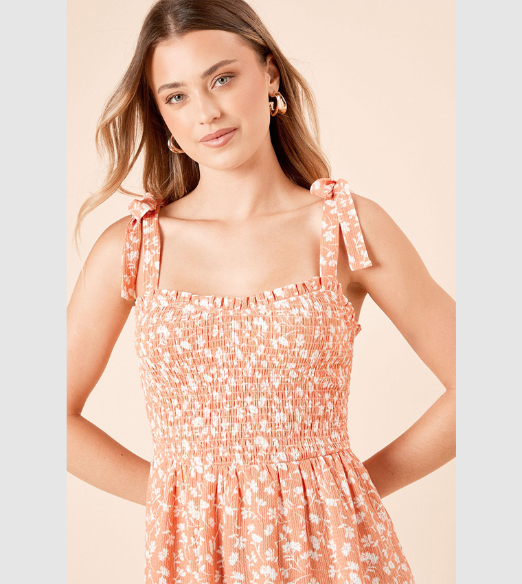 Coral Ditsy Tie Shoulder Shirred Bodice Peplum Top