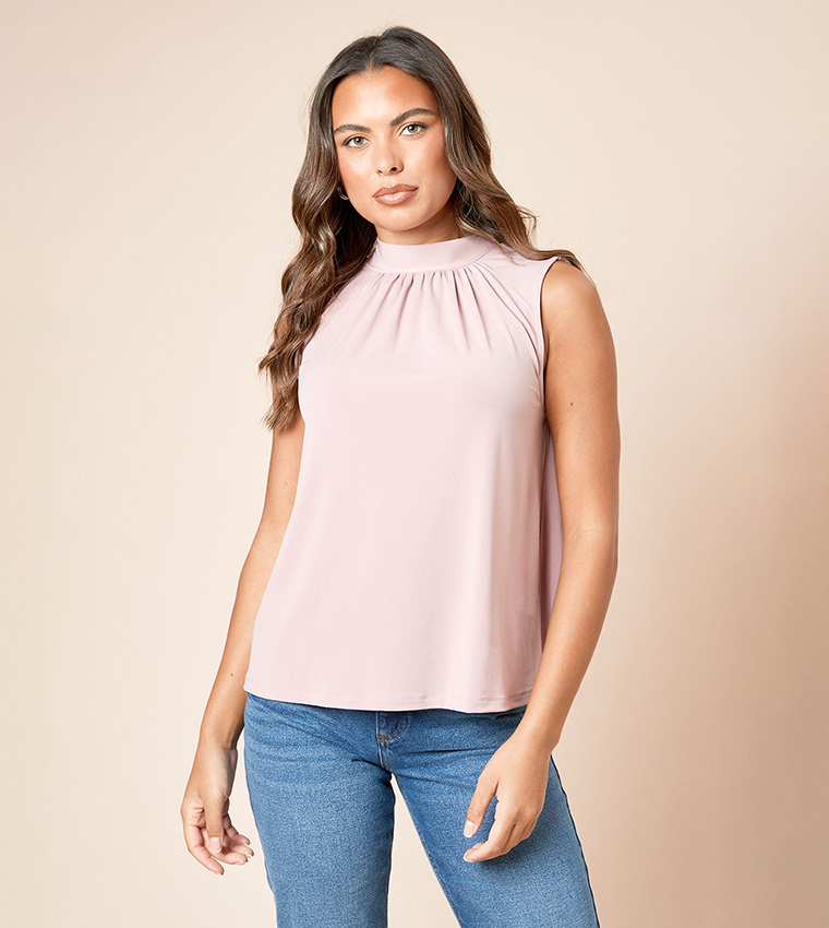 Solid High Neck Tie Back Top