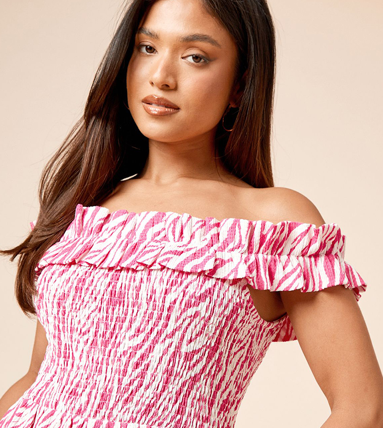 Petite Pink Zebra Shirred Bodice Bardot Mini Dress