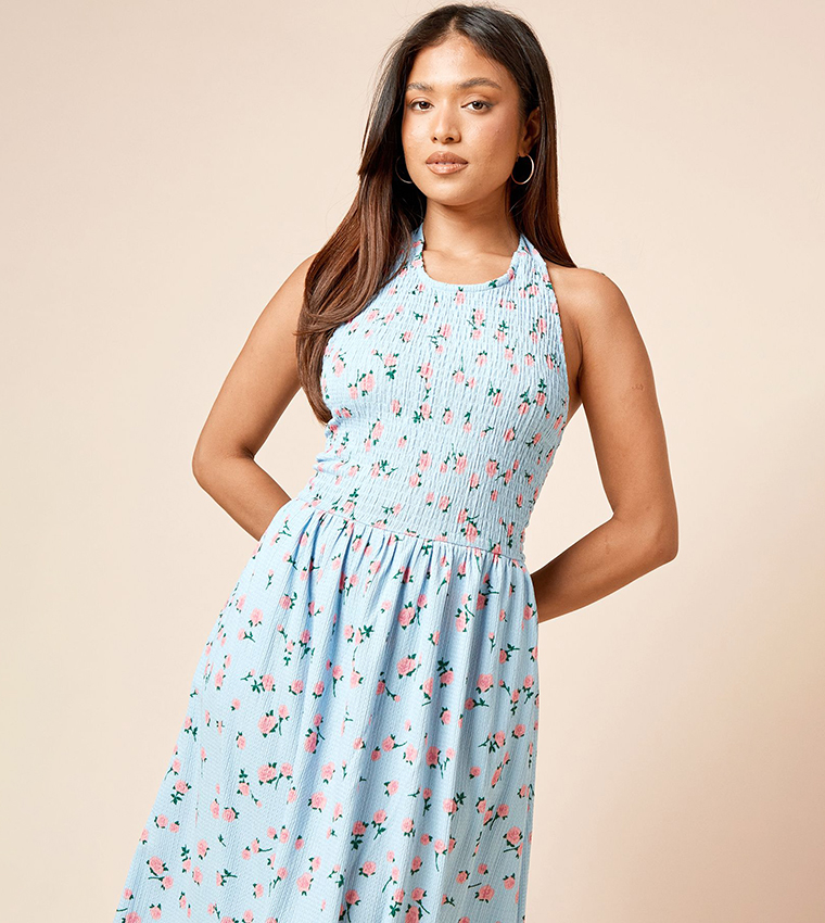Petite Blue Floral Shirred Bodice Halterneck Midi Dress