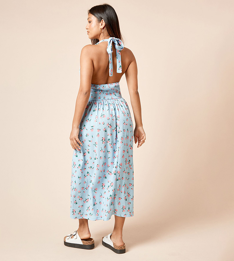 Petite Blue Floral Shirred Bodice Halterneck Midi Dress