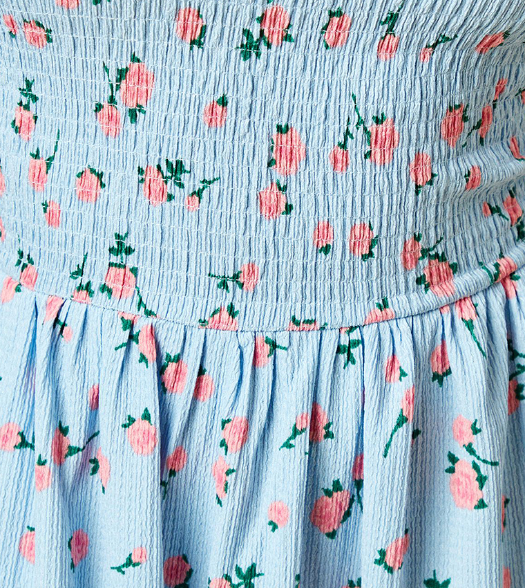 Petite Blue Floral Shirred Bodice Halterneck Midi Dress