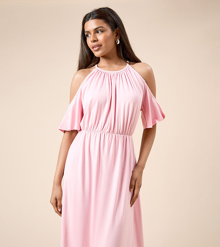 Petite Cold Shoulder Halterneck Midi Dress